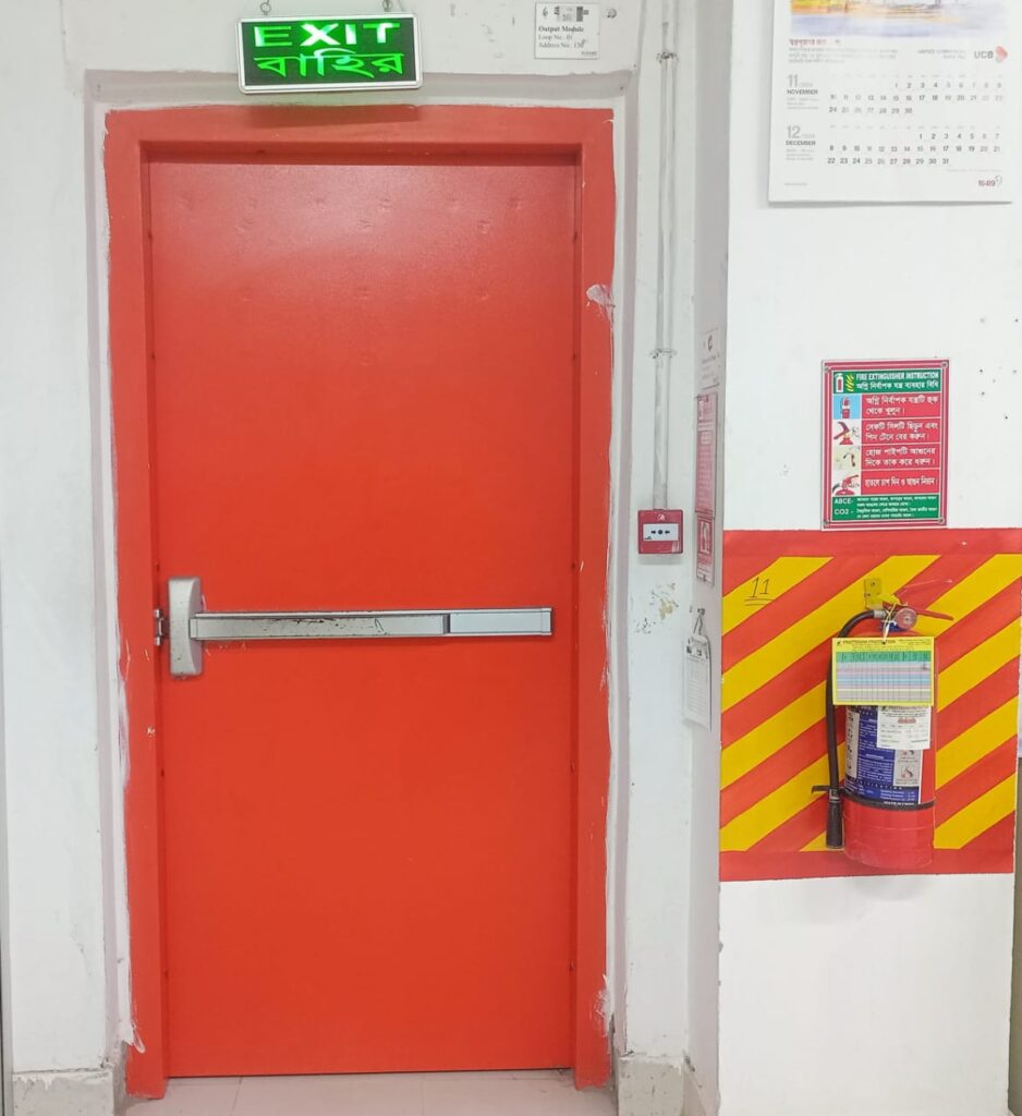 Fire Door, extinguisher, call point, exit sign